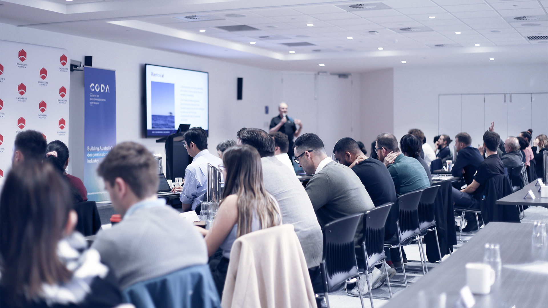 A room full of attendees at a CODA Intro to Decom course.